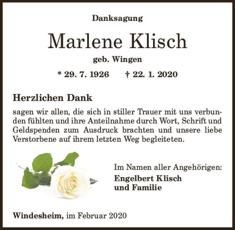  Traueranzeige für Marlene Klisch vom 22.02.2020 aus vrm-trauer
