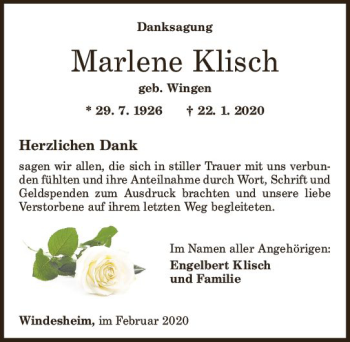 Traueranzeige von Marlene Klisch von vrm-trauer