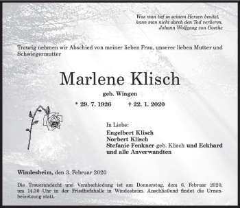 Traueranzeige von Marlene Klisch von vrm-trauer