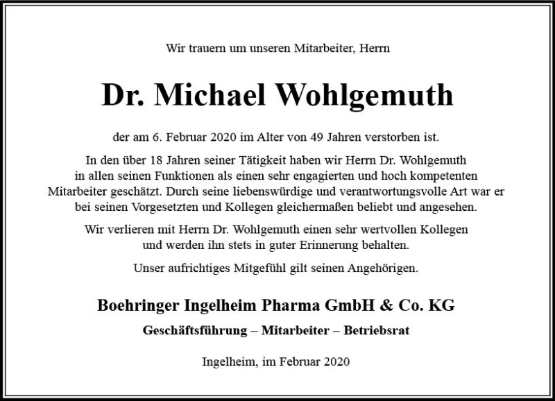  Traueranzeige für Michael Wohlgemuth vom 14.02.2020 aus vrm-trauer