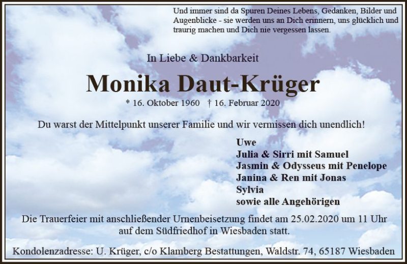  Traueranzeige für Monika Daut-Krüger vom 22.02.2020 aus vrm-trauer