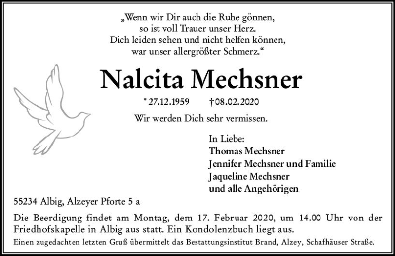  Traueranzeige für Nalcita Mechsner vom 12.02.2020 aus vrm-trauer