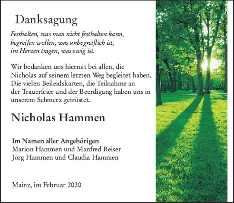 Traueranzeige für Nicholas Hammen vom 15.02.2020 aus vrm-trauer