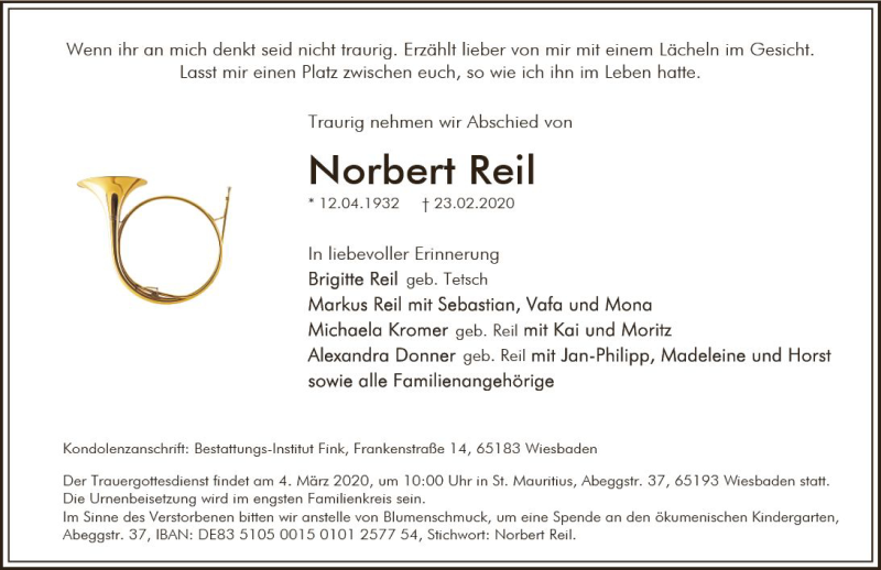  Traueranzeige für Norbert Reil vom 29.02.2020 aus vrm-trauer