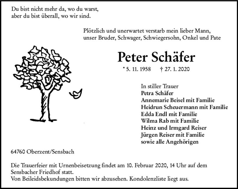  Traueranzeige für Peter Schäfer vom 07.02.2020 aus vrm-trauer