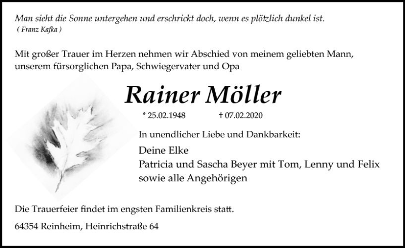  Traueranzeige für Rainer Möller vom 15.02.2020 aus vrm-trauer