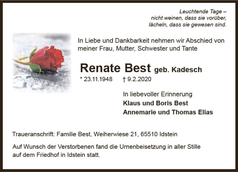  Traueranzeige für Renate Best vom 22.02.2020 aus vrm-trauer