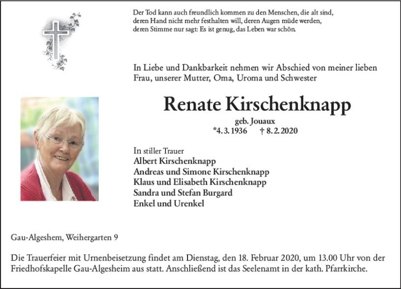  Traueranzeige für Renate Kirschenknapp vom 12.02.2020 aus vrm-trauer