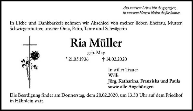  Traueranzeige für Ria Müller vom 18.02.2020 aus vrm-trauer