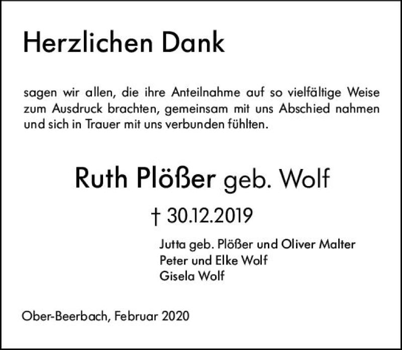  Traueranzeige für Ruth Plößer vom 08.02.2020 aus vrm-trauer