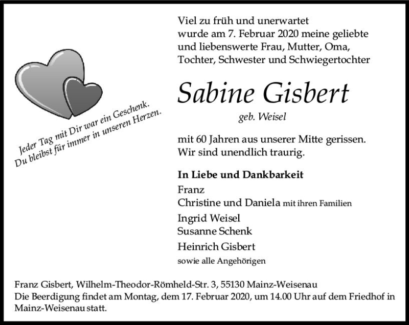  Traueranzeige für Sabine Gisbert vom 15.02.2020 aus vrm-trauer
