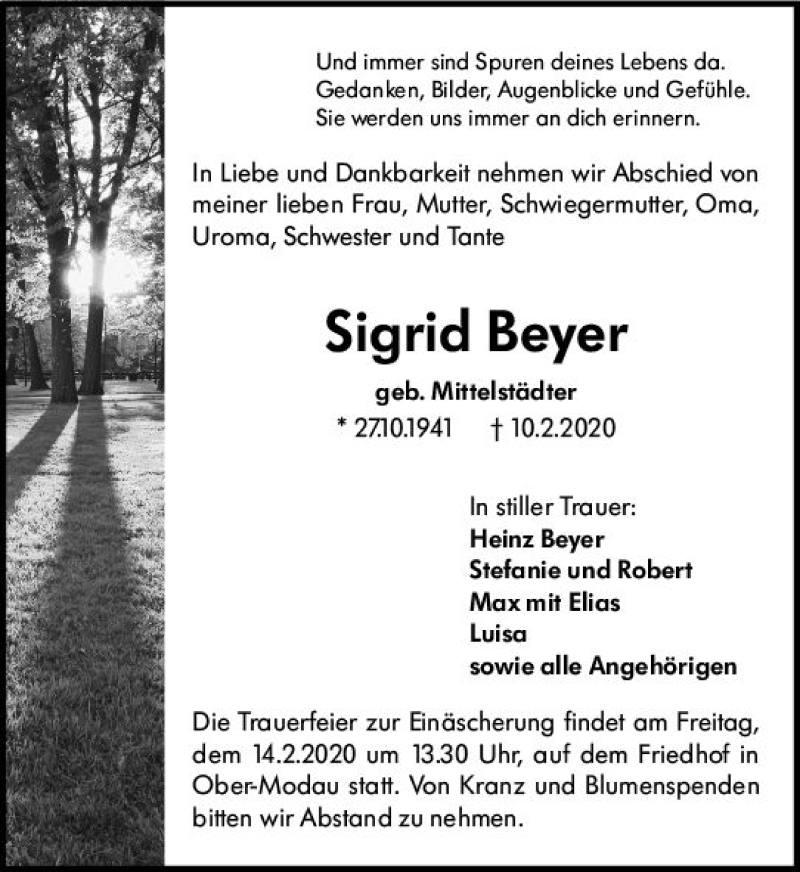  Traueranzeige für Sigrid Beyer vom 12.02.2020 aus vrm-trauer
