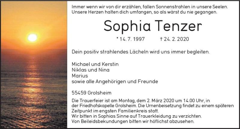  Traueranzeige für Sophia Tenzer vom 27.02.2020 aus vrm-trauer
