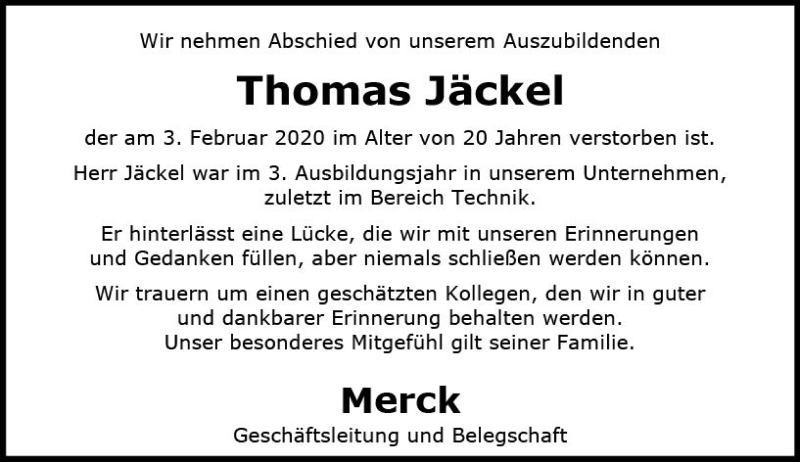  Traueranzeige für Thomas Jäckel vom 19.02.2020 aus vrm-trauer