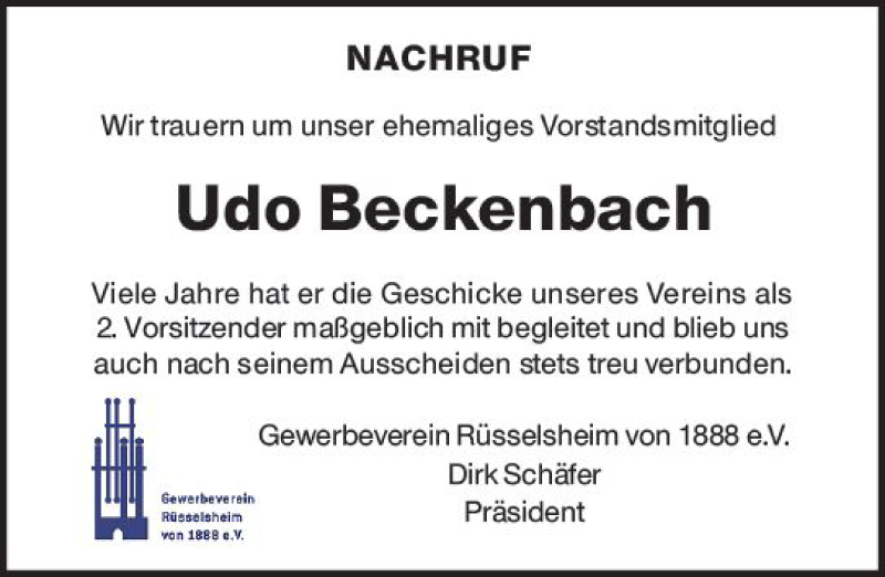  Traueranzeige für Udo Beckenbach vom 12.02.2020 aus vrm-trauer