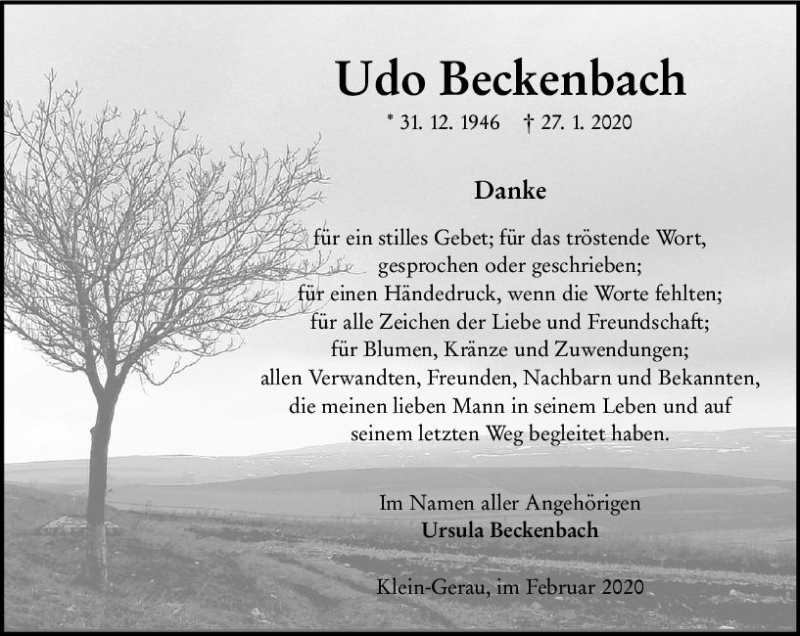  Traueranzeige für Udo Beckenbach vom 29.02.2020 aus vrm-trauer