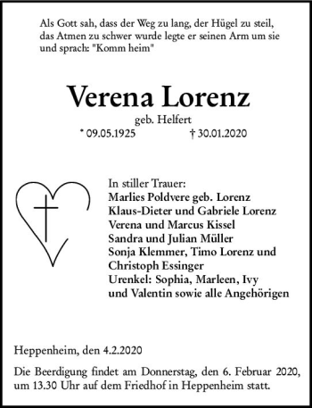 Traueranzeige von Verena Lorenz von vrm-trauer