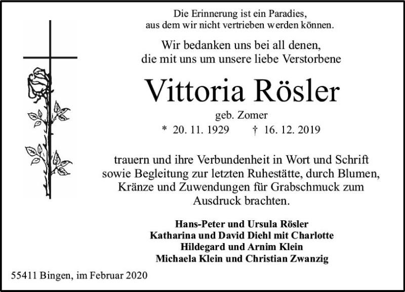  Traueranzeige für Vittoria Rösler vom 08.02.2020 aus vrm-trauer