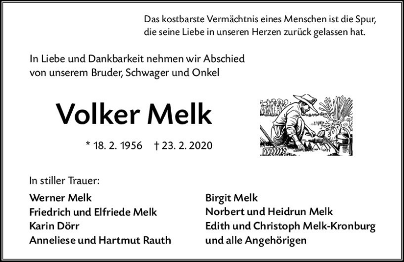  Traueranzeige für Volker Melk vom 26.02.2020 aus vrm-trauer