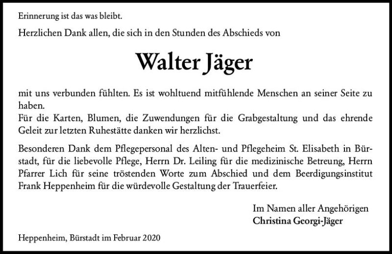  Traueranzeige für Walter Jäger vom 04.02.2020 aus vrm-trauer