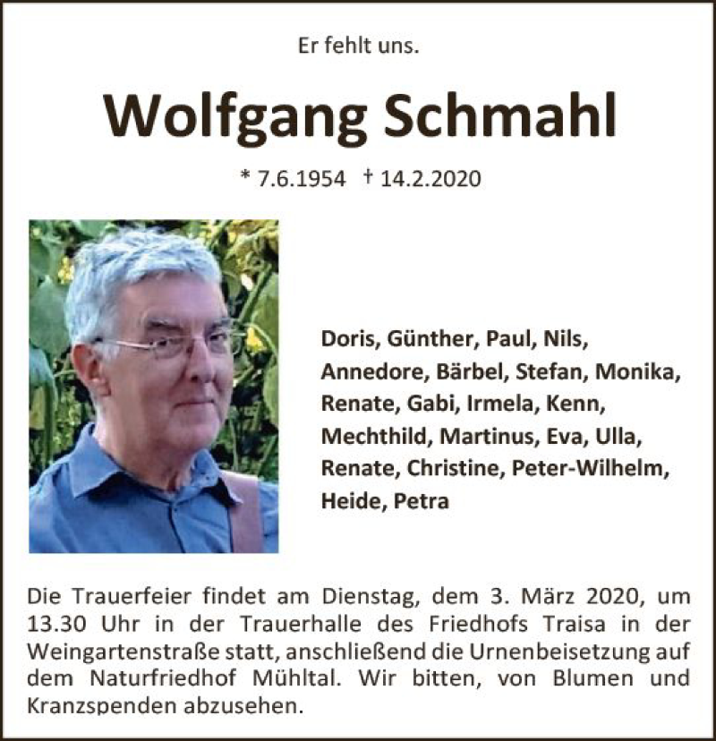  Traueranzeige für Wolfgang Schmahl vom 26.02.2020 aus vrm-trauer