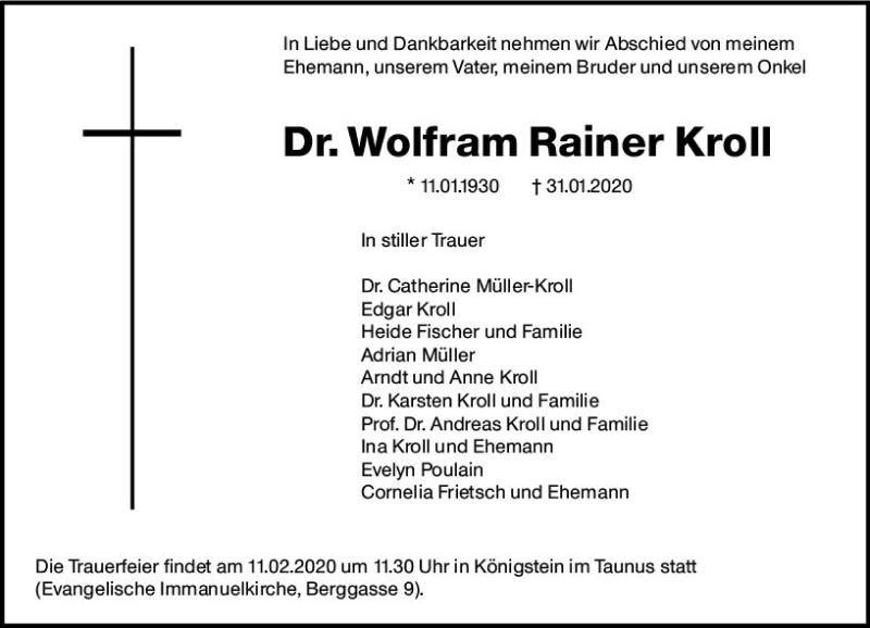  Traueranzeige für Wolfram Rainer Kroll vom 06.02.2020 aus vrm-trauer