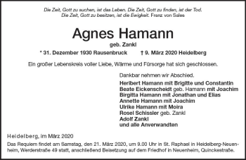 Traueranzeige von Agnes Hamann von vrm-trauer