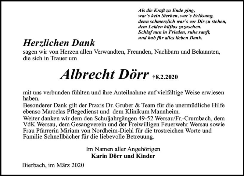  Traueranzeige für Albrecht Dörr vom 14.03.2020 aus vrm-trauer