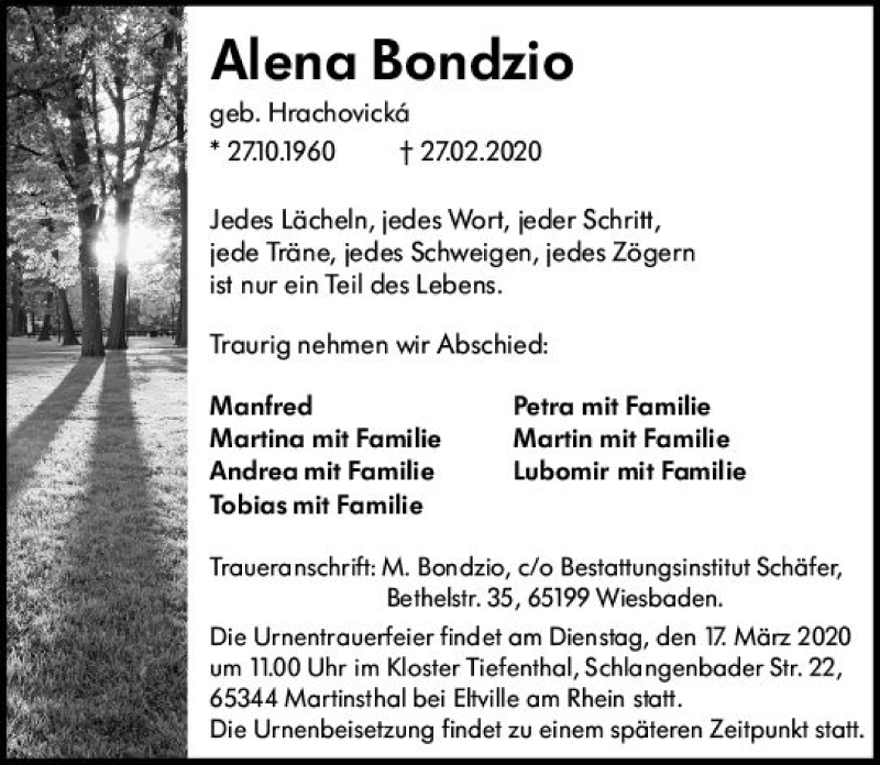  Traueranzeige für Alena Bondzio vom 07.03.2020 aus vrm-trauer
