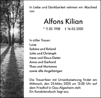 Traueranzeige von Alfons Kilian von vrm-trauer