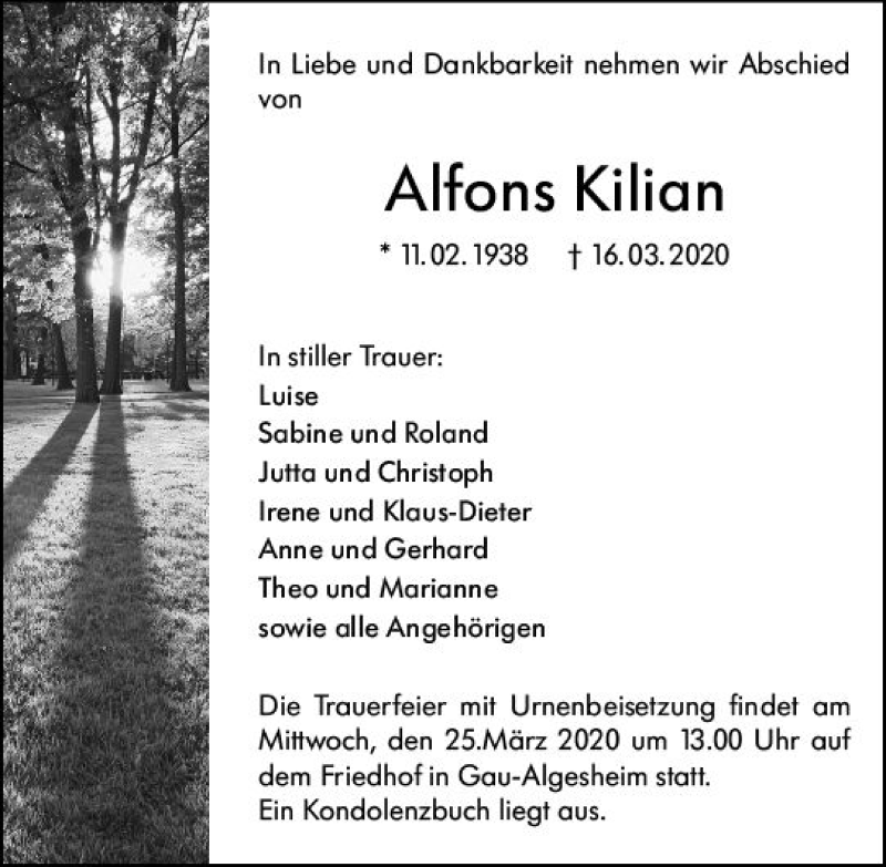 Traueranzeige für Alfons Kilian vom 20.03.2020 aus vrm-trauer