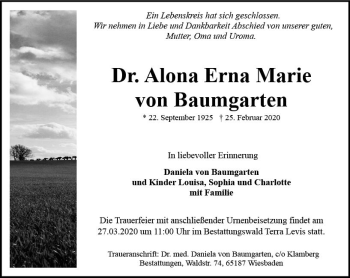 Traueranzeige von Alona Erna Marie von Baumgarten von vrm-trauer