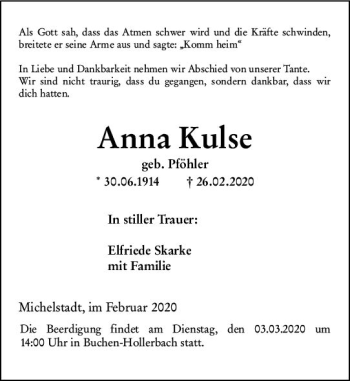 Traueranzeige von Anna Kulse von vrm-trauer