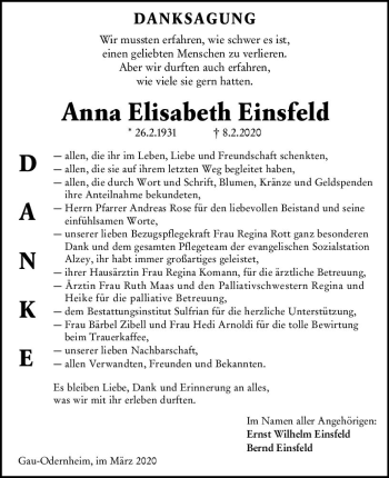Traueranzeige von Anna Elisabeth Einsfeld von vrm-trauer
