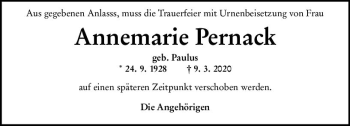 Traueranzeige von Annemarie Pernack von vrm-trauer