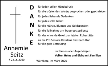 Traueranzeige von Annemie Seitz von vrm-trauer