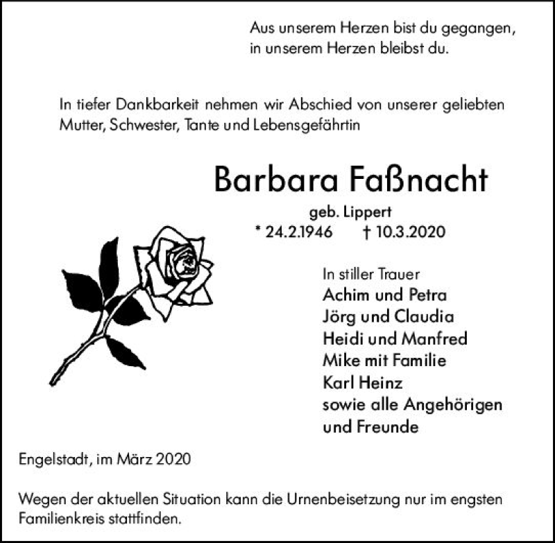  Traueranzeige für Barbara Faßnacht vom 20.03.2020 aus vrm-trauer