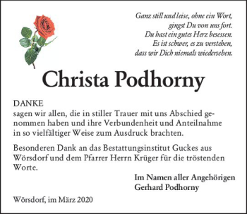 Traueranzeige von Christa Podhorny von vrm-trauer