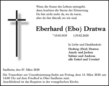 Traueranzeige von Eberhard Dratwa von vrm-trauer