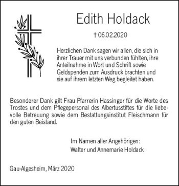 Traueranzeige von Edith Holdack von vrm-trauer