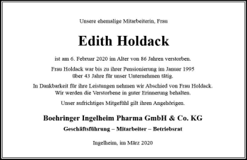 Traueranzeige von Edith Holdack von vrm-trauer