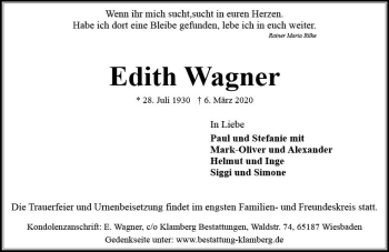 Traueranzeige von Edith Wagner von vrm-trauer