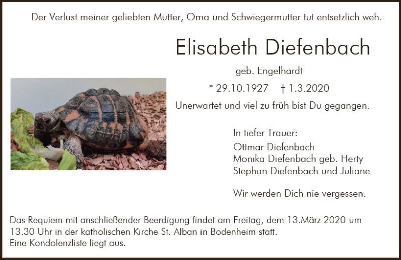  Traueranzeige für Elisabeth Diefenbach vom 12.03.2020 aus vrm-trauer