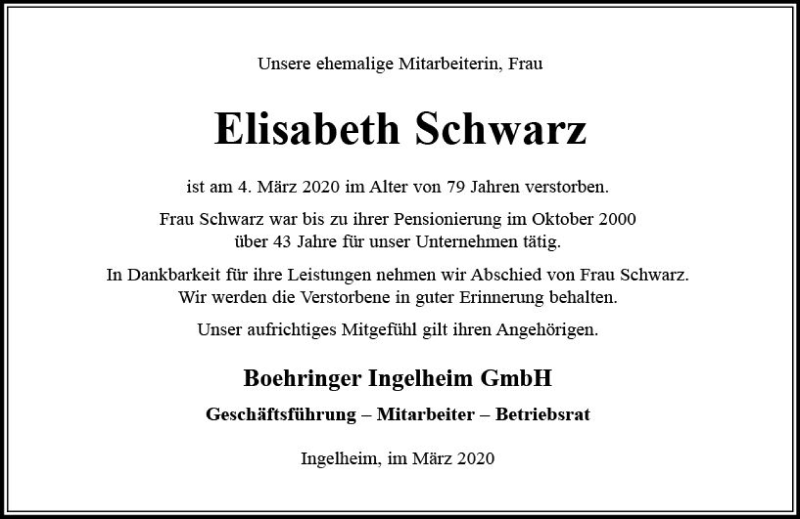  Traueranzeige für Elisabeth Schwarz vom 13.03.2020 aus vrm-trauer