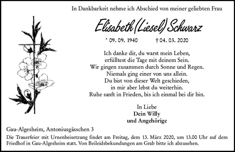  Traueranzeige für Elisabeth Schwarz vom 10.03.2020 aus vrm-trauer