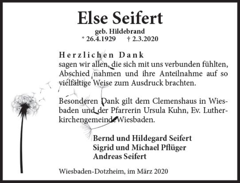  Traueranzeige für Else Seifert vom 21.03.2020 aus vrm-trauer