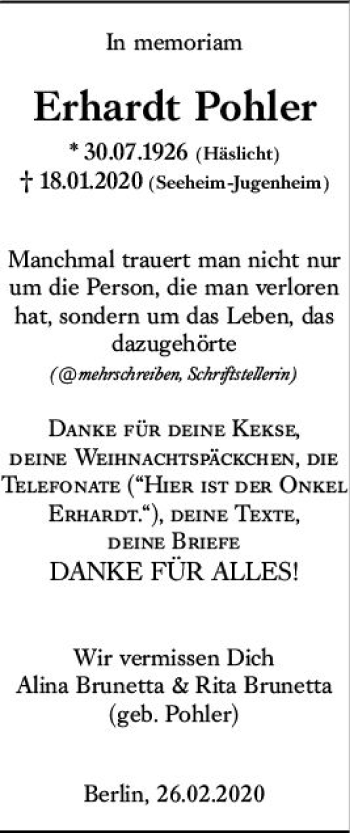 Traueranzeige von Erhardt Pohler von vrm-trauer