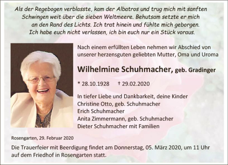  Traueranzeige für Wilhelmine Schuhmacher vom 04.03.2020 aus vrm-trauer