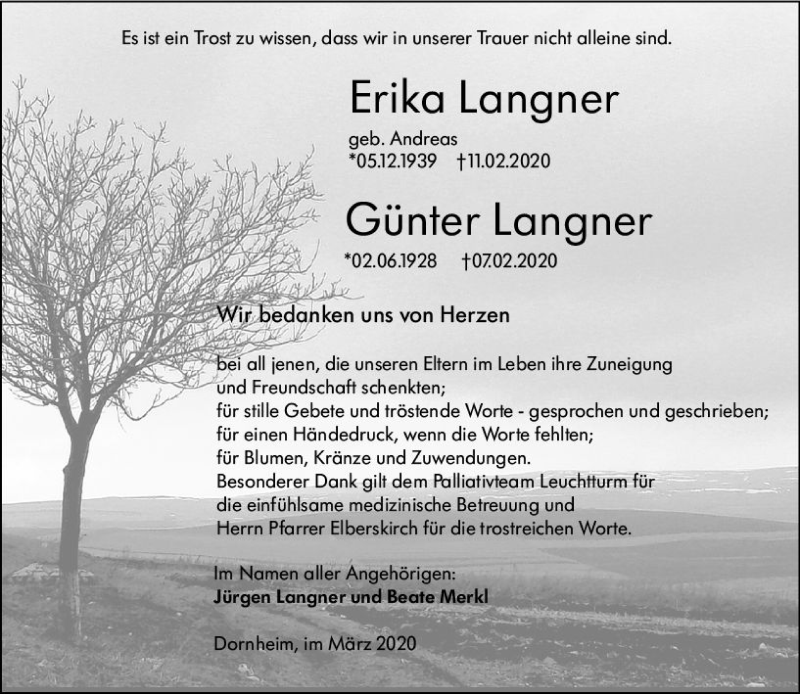  Traueranzeige für Erika Langner vom 14.03.2020 aus vrm-trauer