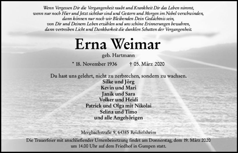  Traueranzeige für Erna Weimar vom 17.03.2020 aus vrm-trauer